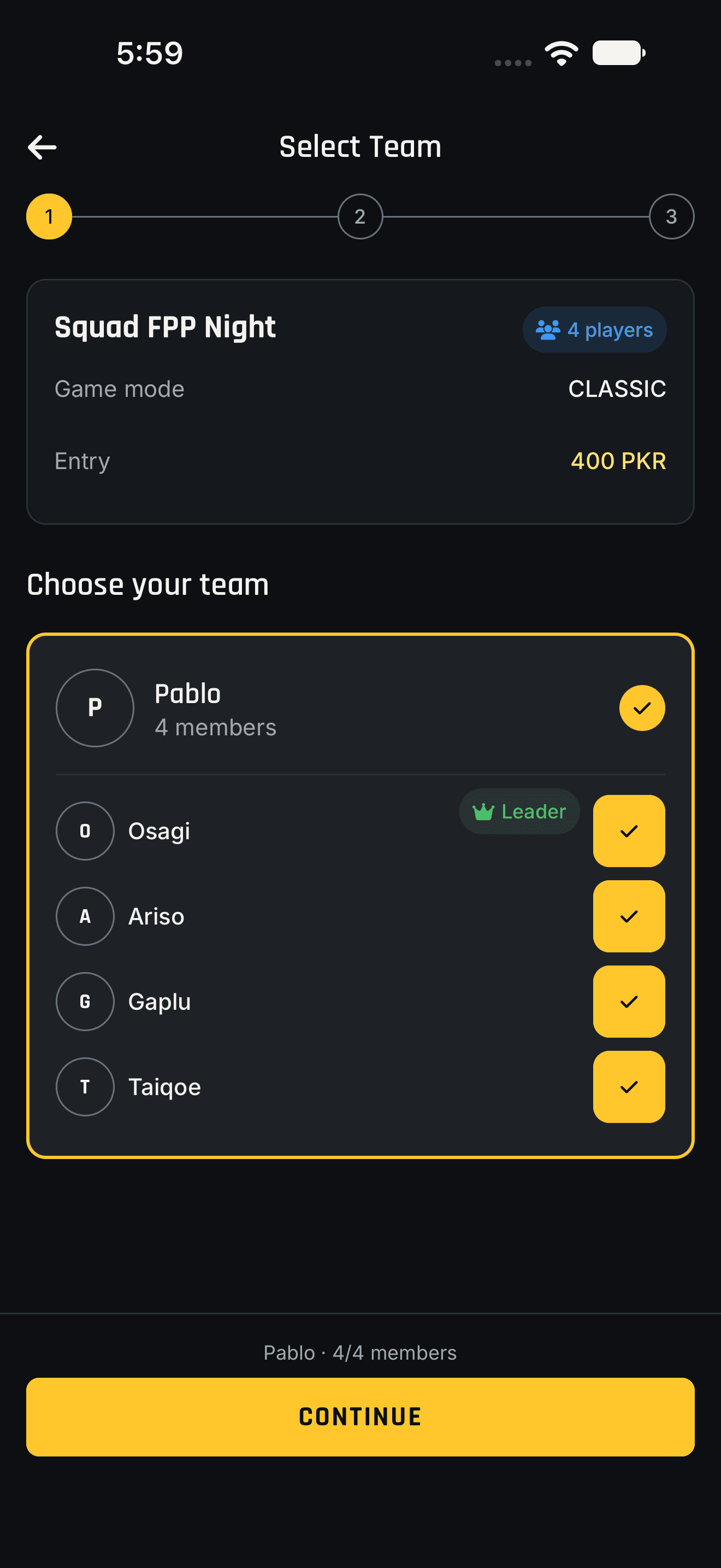 Muqabla app team selection screen